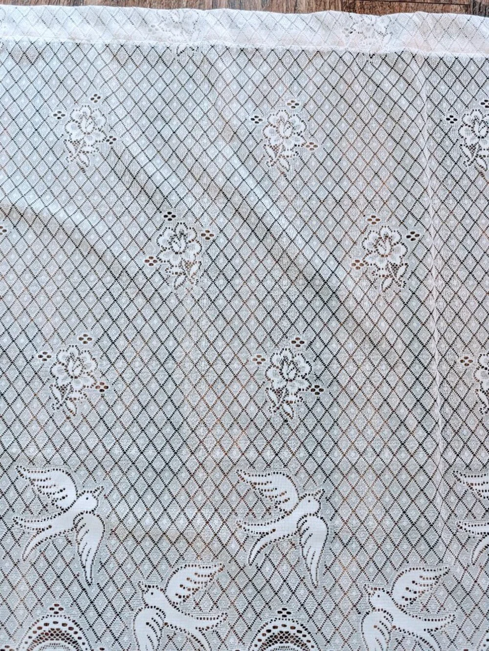 VTG Filet Crochet Lace Curtain Panel Valance White Dove Floral Fringe 176x46 BIG